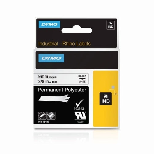 Dymo 18482 Rhino Permanent Polyester Label, 9mm x 5mt, Black on White