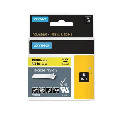 Dymo 18491 Rhino Nylon Labels, 19mm x 4mt, Black on Yellow