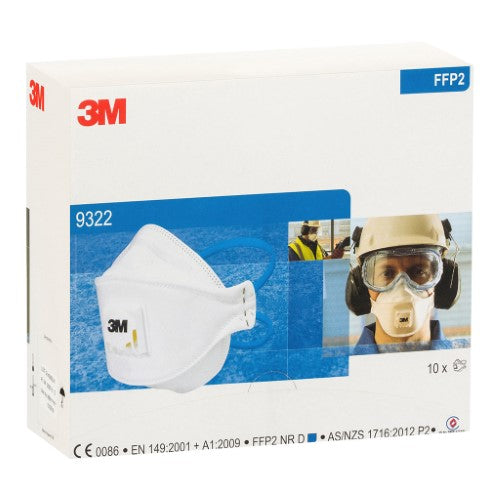3M Respirator Aura 9322A+ P2, flat fold design for comfort, ideal for construction and woodworking, pack of 10.