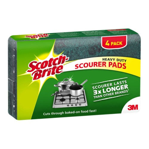 3M Scotch-Brite Heavy Duty Scouring Pad pack of 4, ideal for tough cleaning tasks with long-lasting durability.