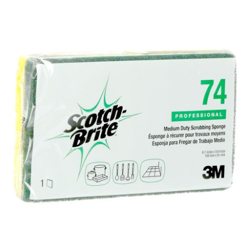 Scotch-Brite Medium Duty Scrub Sponge pack of 20, featuring a tough scouring pad and absorbent cellulose sponge for versatile cleaning.