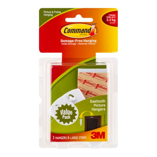 3M Command Picture Hanger 17042, pack of 3 large white sawtooth hangers for easy damage-free picture hanging.