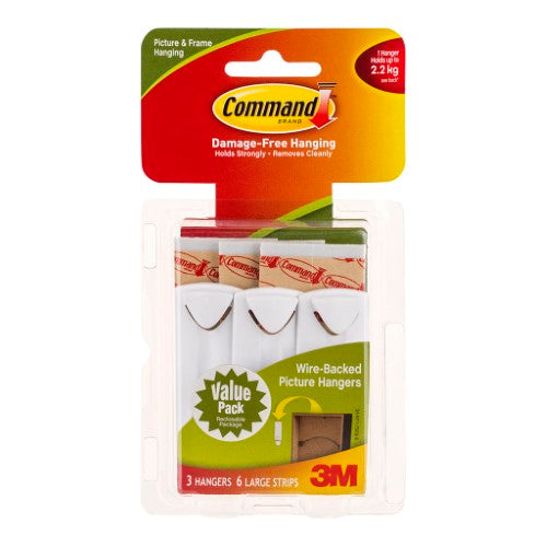 Large white wire-backed 3M Command Picture Hanger pack, holds frames up to 2.2kg, includes 3 hangers and 6 adhesive strips.