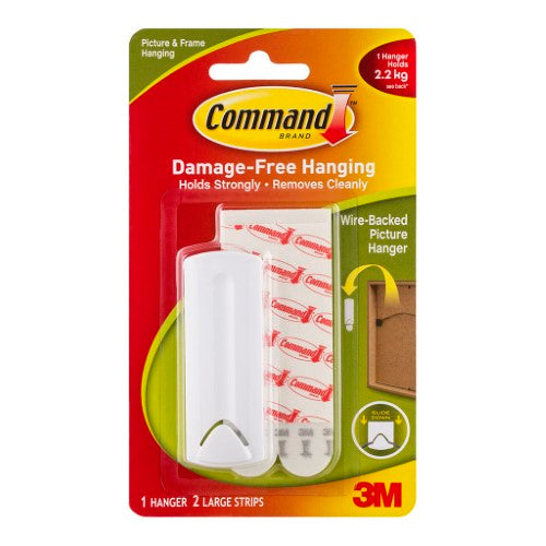 Large white 3M Command Picture Hanger for easy wall mounting of wire-backed frames up to 2.2kg.