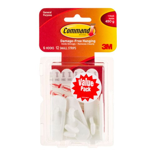 6 small white 3M Command Hooks designed for hanging lightweight items without wall damage, ideal for organizing spaces.