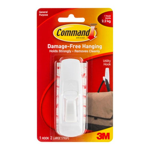 3M Command Hook 17003 Large White, designed for organizing bags and cords, holds up to 2.2kg, easy to install and remove.