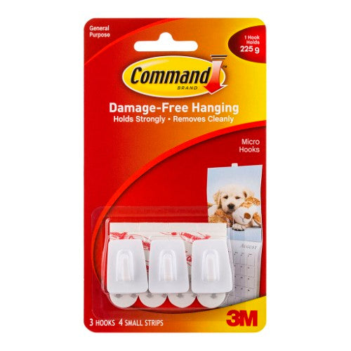 3M Command Hook 17066 Micro in white, pack of 3, ideal for hanging lightweight items without wall damage.