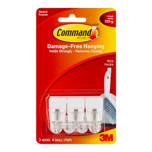 Pack of 3 white wire Command Hooks for organizing kitchen utensils, holds up to 225g, easy to install without damage.