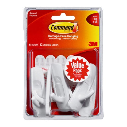 3M Command Hook 17001-6 pack of 6 medium white hooks for organizing, holding up to 1.3 kg with damage-free adhesive technology.