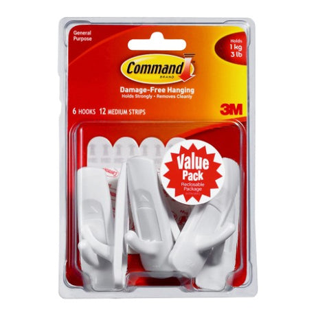 3M Command Hook 17001-6 pack of 6 medium white hooks for organizing, holding up to 1.3 kg with damage-free adhesive technology.