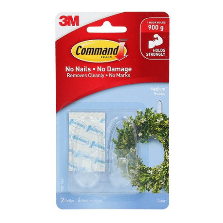 Clear 3M Command Hooks for damage-free hanging, supports up to 900g, perfect for home or office organization.