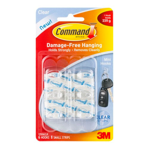 Set of 6 clear mini hooks that securely hold lightweight items without damaging surfaces, perfect for home organization.