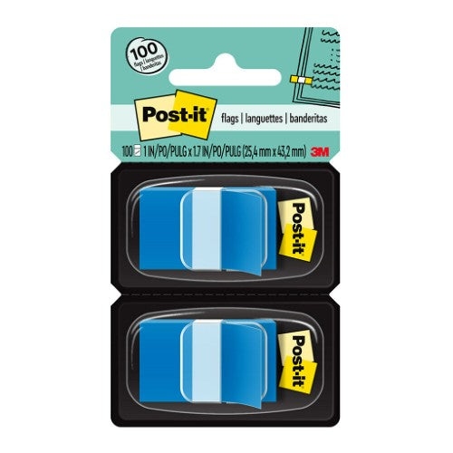 3M Post-it Flags Twin Pack in blue, featuring 100 self-adhesive flags in two dispensers for efficient organization.