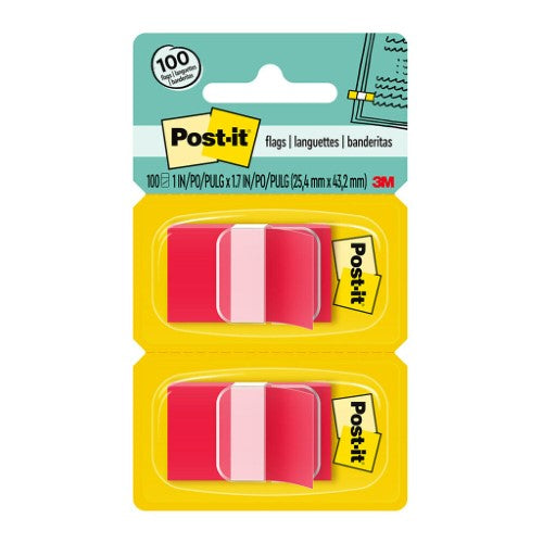 3M Post-it Flags in vibrant red, twin pack with 2 dispensers, each holding 50 non-damaging sticky flags for easy organization.