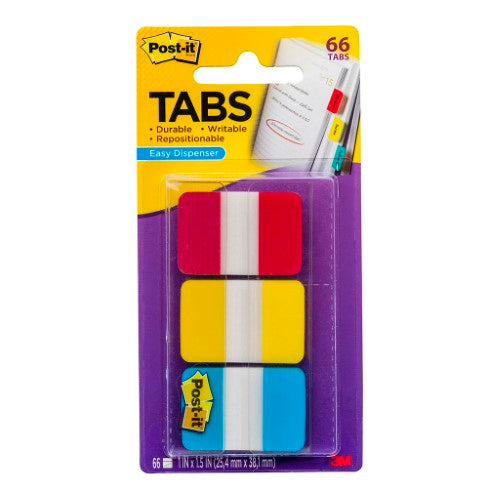 3M Post-it Durable Tabs in Blue, Red, and Yellow, 25x38mm, pack of 66, perfect for organizing documents and notes.
