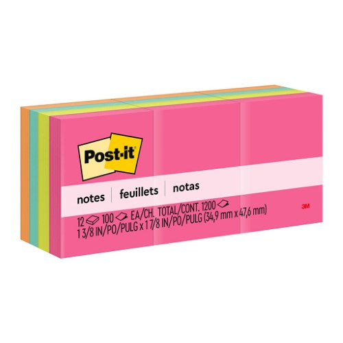 Vibrant 3M Post-it Notes in Capetown Collection colors, 35x48mm, 100 sheets each, 12 pads for organized note-taking.