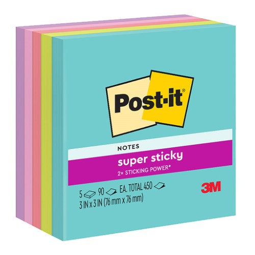 Vibrant Post-it Super Sticky Notes Miami Pack, 76mm x 76mm, ideal for reminders and organization with 5 colorful pads.