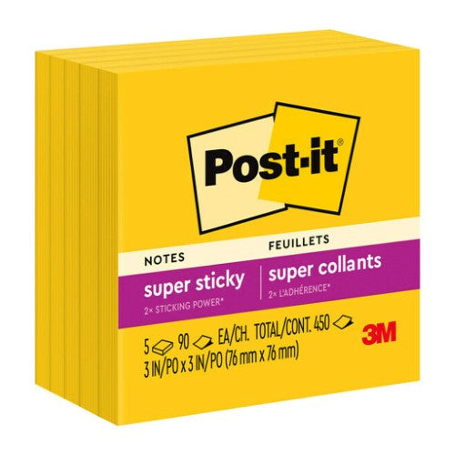 3M Post-it Super Sticky Notes in vibrant yellow, 76x76mm, 90 sheets per pad, pack of 5, perfect for reminders and notes.