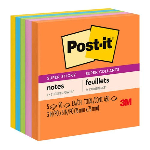 Vibrant Post-it Super Sticky Notes in Rio design, 76x76mm, pack of 5 with 90 sheets each for enhanced organization.