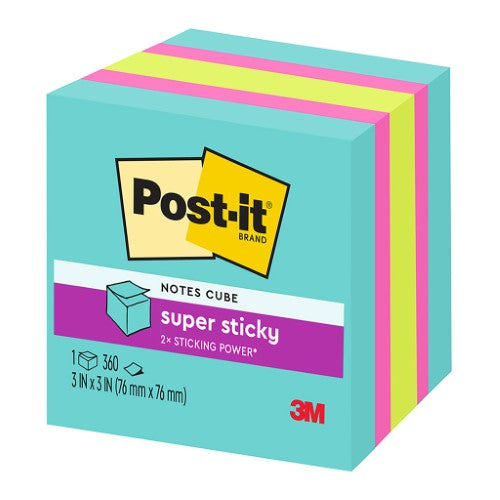 3M Post-it Super Sticky Memo Cube with 360 sheets, vibrant colors, and innovative adhesive for optimal organization.