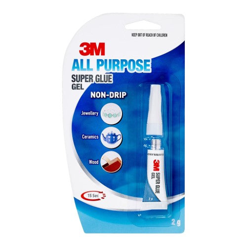 3M Super Glue Gel 18007 in a 2g tube, ideal for quick fixes on various surfaces with no-drip formula and clear finish.
