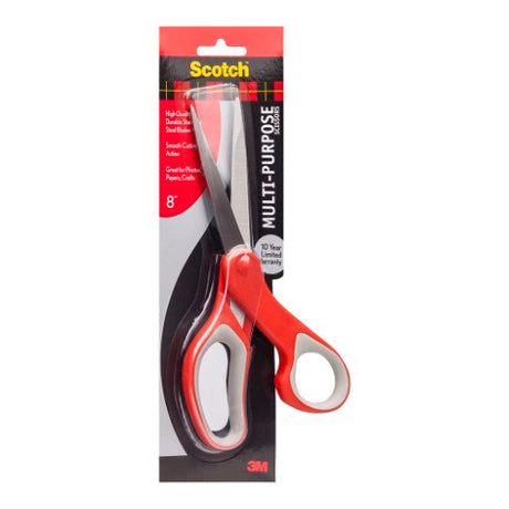 3M Scotch Multipurpose Scissors 1428, 8-inch stainless steel blades with comfort grip for versatile cutting tasks.