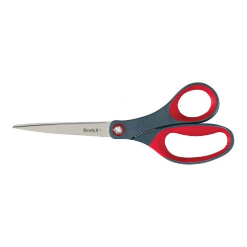 Scotch Precision Scissors 1448 with 8-inch stainless steel blades and soft grip handles for smooth cutting of various materials.