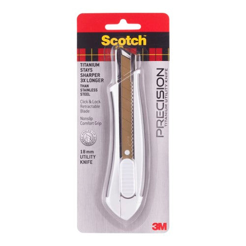 3M Scotch Utility Knife TI-KL with 18mm titanium blade; ergonomic design for precision cutting in home and craft projects.