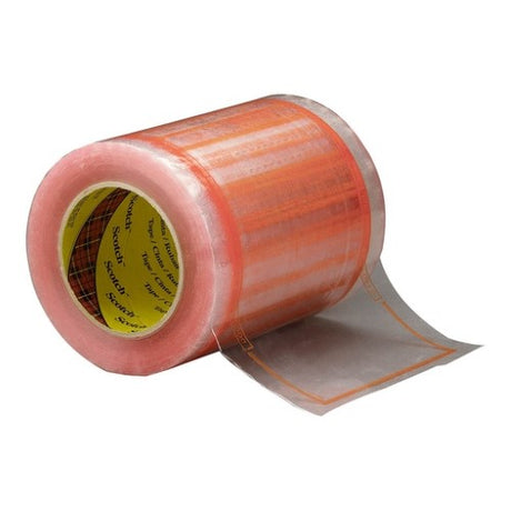 Scotch Pouch Tape 827 features a bright orange border, sticky edges, and a clear center for securely attaching shipping documents.