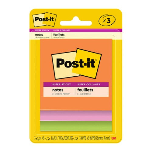 Vibrant Post-it Super Sticky Notes in Rio Collection, 76mm x 76mm, with 3 colorful pads and 45 sheets each for effective organization.