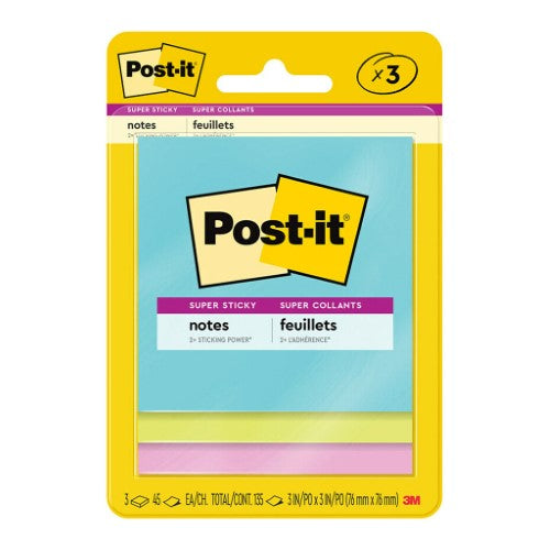 Vibrant 3M Post-it Super Sticky Miami pads in 76x76mm, pack of 3, perfect for organizing thoughts with style.