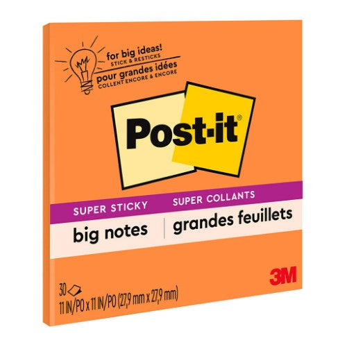 Post-it Super Sticky Big Notes in vibrant orange, 279x279mm, 30 sheets, perfect for brainstorming and project planning.