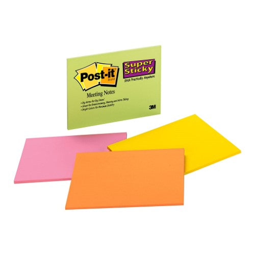 Post-it Super Sticky Lined Notes in vibrant colors, 101mm x 152mm, 90 sheets per pad, ideal for reminders and organizing tasks.