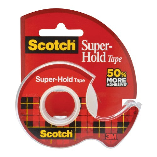 3M Scotch Tape Super-Hold 198 roll, 19mm x 16.5m, offers strong, clear adhesive for crafting, repairs, and gift-wrapping.