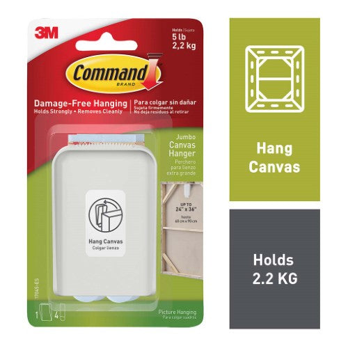 Command Canvas Hanger 17045 Jumbo securely displays large canvas art up to 60x90cm, removable without damage.