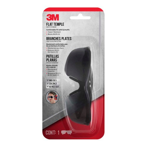 3M Flat Temple Safety Eyewear with grey lenses, anti-scratch, high-impact resistant, designed for comfort with earmuffs.