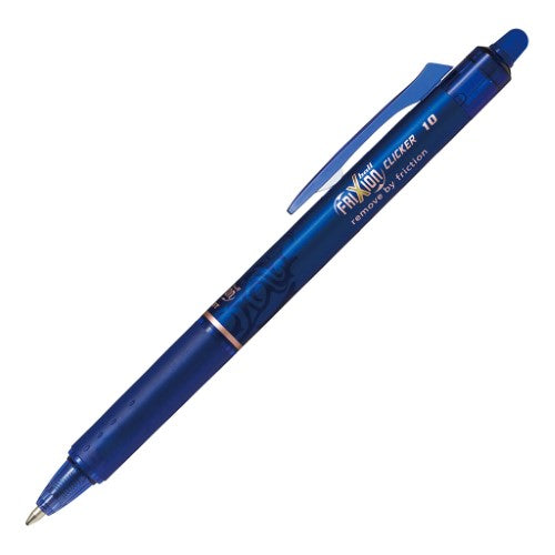 Set of 12 Pilot Frixion Clicker 1.0 Broad Blue Erasable Gel Pens for smooth, erasable writing with retractable tips.