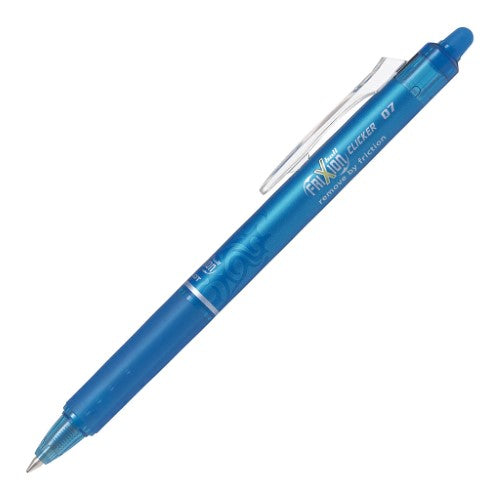 Set of 12 Pilot Frixion Ball Clicker gel pens in light blue, erasable with a retractable tip for precision writing.