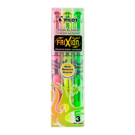 Pilot Frixion Highlighter 3 Pack featuring erasable neon highlighters with thermo-sensitive gel ink for precise note-taking.