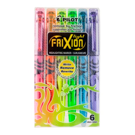 Pilot Frixion Highlighter 6 Pack: erasable neon highlighters with thermo-sensitive ink for clear, correction-free highlighting.