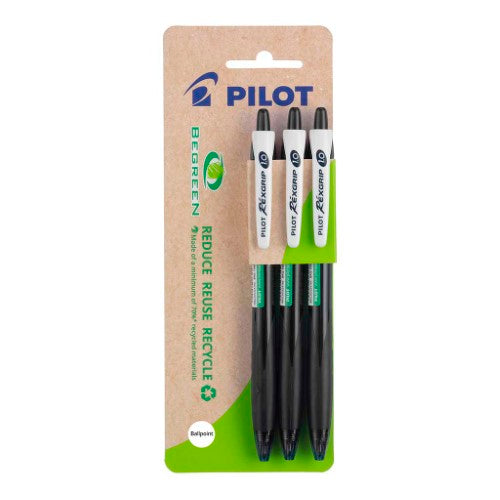 Pack of 3 eco-friendly Pilot BeGreen Rexgrip ballpoint pens with rubber grip and 1.0mm medium tip in black ink.