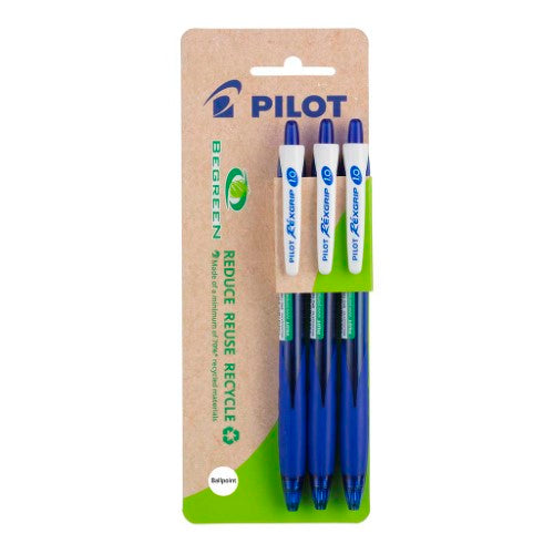 Eco-friendly Pilot BeGreen Rexgrip ballpoint pens, medium blue ink, comfortable grip, pack of 3, 77% recycled materials.
