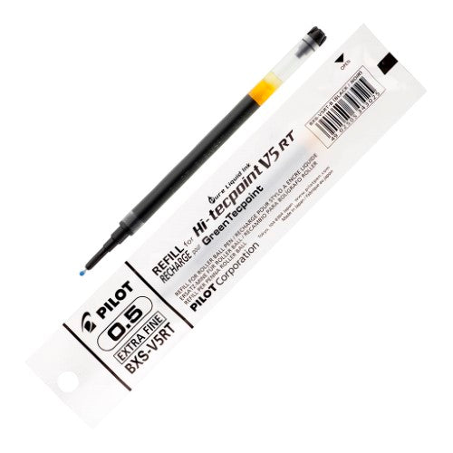 Set of 12 black 0.5mm extra fine ink refills for Pilot V5RT pens, ensuring smooth, consistent writing.