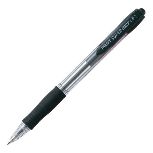 Set of 12 Pilot Supergrip Fine Black pens with 0.7mm tip and rubber grip for smooth, comfortable writing.