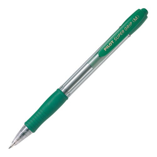 Set of 12 Pilot Supergrip pens with medium 1.0mm tip and rubberized grip, featuring smooth green ink for comfortable writing.