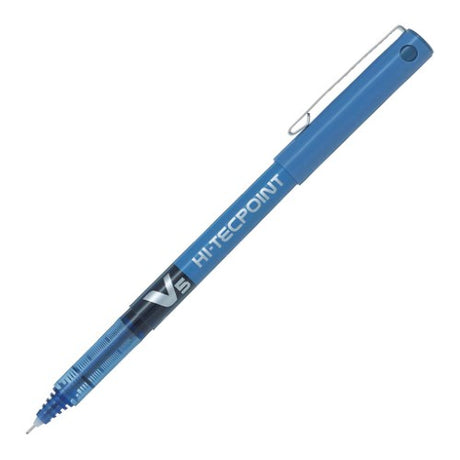 Pilot Hi-Tec V5 Extra Fine Blue pens in a set of 12, featuring stainless steel tips for smooth, vibrant writing.