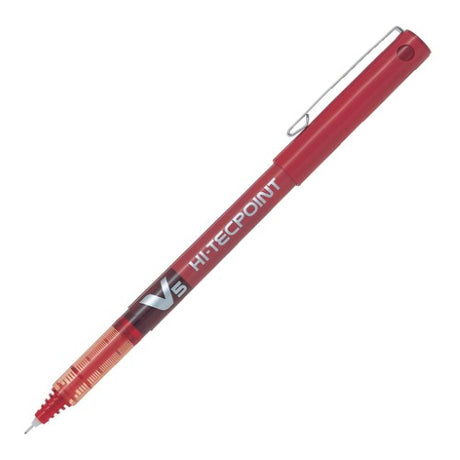 Set of 12 Pilot Hi-Tec V5 Extra Fine Red pens, featuring a stainless steel tip for precise, smooth writing.
