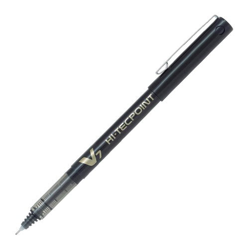 Set of 12 Pilot Hi-Tec V7 Fine Black pens with stainless steel tips and liquid ink for smooth, precise writing.
