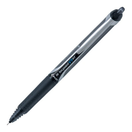 Set of 12 Pilot Hi-Tec V7Rt retractable black pens with ink level window, soft grip, and sleek barrel design.