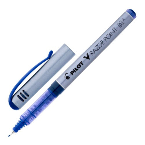 Set of 12 Pilot V-Razor Blue pens with 0.4mm tips, featuring durable tips and smooth liquid ink flow for precise writing.